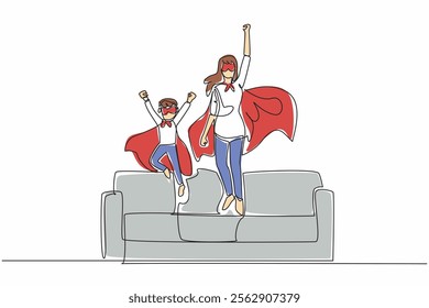 Continuous one line drawing mother and a boy jump from the sofa. Superhero family. Eliminate germs and bacteria at home. Metaphor. Autism Super Mom Day. Single line draw design vector illustration