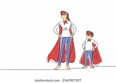 Continuous one line drawing mother and son stood and both hands held their waists. Two superheroes in a compact pose. Super family. Autism Super Mom Day. Single line draw design vector illustration