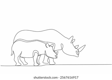 Continuous one line drawing the mother rhino and baby rhino stand. As if walking side by side. Looking for plants or fruit to eat. Save the Rhino Day. Single line draw design vector illustration