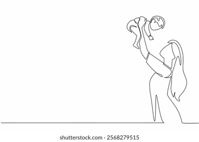 Continuous one line drawing the mother lifts the baby with both hands above her head. Wanting to make the child laugh happily. Infinite happiness. Baby Day. Single line draw design vector illustration