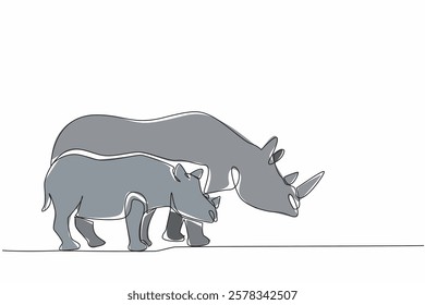 Continuous one line drawing the mother rhino and baby rhino stand. As if walking side by side. Looking for plants or fruit to eat. Save the Rhino Day. Single line draw design vector illustration