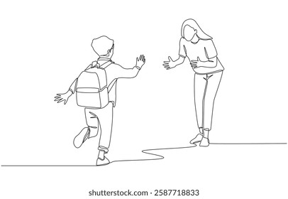 Continuous one line drawing of mother welcoming son backing from school with open arms, parenthood time concept, single line art