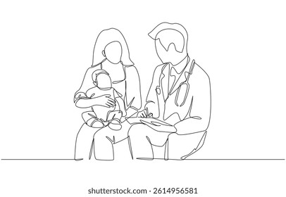 Continuous one line drawing of mother holding baby on lap and talking to pediatrician, doctor and pediatric patient concept, single line art