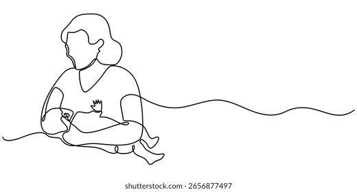 Dibujo continuo de una línea de una madre que sostiene a un bebé con calor completo, que representa el amor y la maternidad, Ilustración vectorial de estilo de arte de línea.