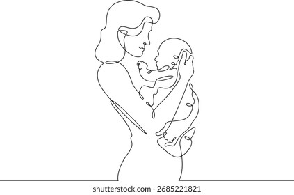 Dibujo continuo de una línea Madre e hijo. Una mujer sosteniendo a un bebé recién nacido. Maternidad. Línea art.One línea continua aislada illustration.Not AI.