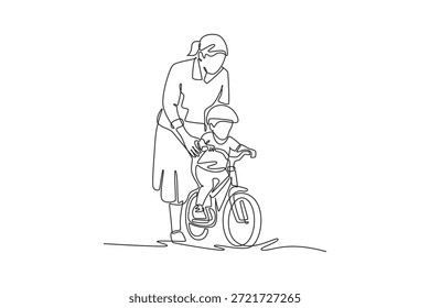 Dibujo continuo de una línea de la madre que apoya el asiento de su hijo mientras practican el ciclismo. Seguridad, equilibrio, estrecho vínculo de aprendizaje familiar juntos. Ilustración gráfica de Vector de diseño de línea única