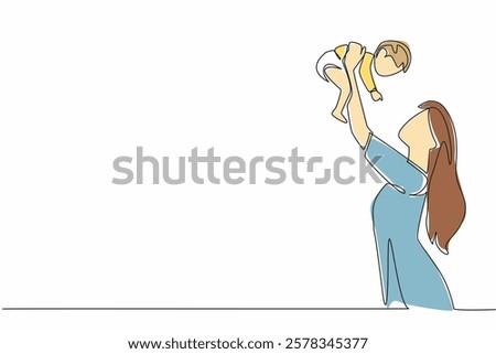 Continuous one line drawing the mother lifts the baby with both hands above her head. Wanting to make the child laugh happily. Infinite happiness. Baby Day. Single line draw design vector illustration