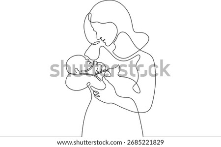 Continuous one line drawing Mother and child. A woman holding a newborn baby. Motherhood. Line art.One continuous line isolated illustration.Not AI.