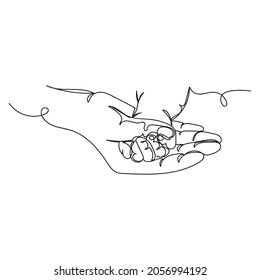 Continuous one line drawing of mothers day concept hand mom with hand baby love concept in silhouette on a white background. Linear stylized.