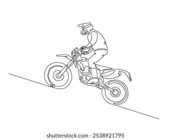 Continuous one line drawing of motocross rider. motobike extreme sport single line art vector illustration. Editable vector. 
