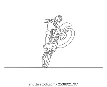 Continuous one line drawing of motocross rider. motobike extreme sport single line art vector illustration. Editable vector. 
