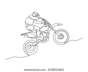 Continuous one line drawing of motocross rider. motobike extreme sport single line art vector illustration. Editable vector. 
