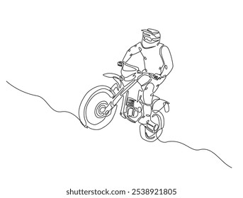 Continuous one line drawing of motocross rider. motobike extreme sport single line art vector illustration. Editable vector. 
