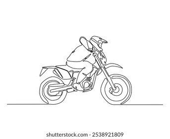 Continuous one line drawing of motocross rider. motobike extreme sport single line art vector illustration. Editable vector. 
