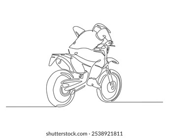 Continuous one line drawing of motocross rider. motobike extreme sport single line art vector illustration. Editable vector. 
