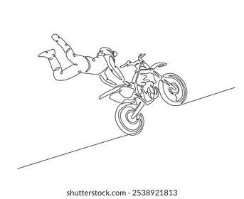 Continuous one line drawing of motocross rider. motobike extreme sport single line art vector illustration. Editable vector. 
