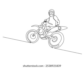 Continuous one line drawing of motocross rider. motobike extreme sport single line art vector illustration. Editable vector. 
