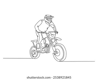 Continuous one line drawing of motocross rider. motobike extreme sport single line art vector illustration. Editable vector. 
