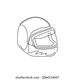 Continuous one line drawing motor racing helmet with closed glass visor. For car, motorcycle sport, race, motocross or biker club, motorsport competition. Single line draw design vector illustration