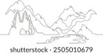 Continuous one line drawing mountain river against the background of hills and mountains. Forest on the river bank. Mountain landscape.One continuous line isolated minimal illustration.