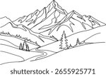 Continuous one line drawing of a mountain landscape. Nature scenery with peaks, river, and trees in a minimalist style. Outdoor adventure and travel concept. Vector illustration for wall art or logo.