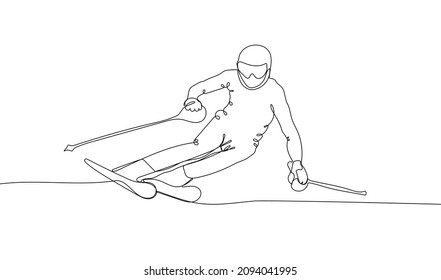 Continuous one line drawing of mountain skier speeding down slope. Outdoor extreme sport. Winter season sport.  Vector illustration
