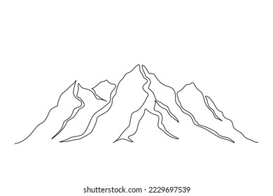 Kontinuierliche Einzeilenzeichnung der Berglandschaft. Einfache Bergkette Landschaftsgestaltung. Hoch montierte Spitzen-Linie Kunst Zeichnen Vektordesign. Abenteuer, Wintersport, Wandern und Tourismus Konzept. 