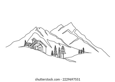 Dibujo continuo de una línea de paisaje montañoso. Diseño vectorial de dibujo lineal de pico de alta montura. Aventura, deportes de invierno, senderismo y turismo. Diseño paisajístico de cordillera simple.