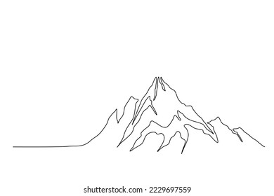 Continuous one line drawing of mountain landscape. High mounts peak lineart drawing vector design. Adventure, winter sports, hiking and tourism concept. Simple line mountain range landscape design.