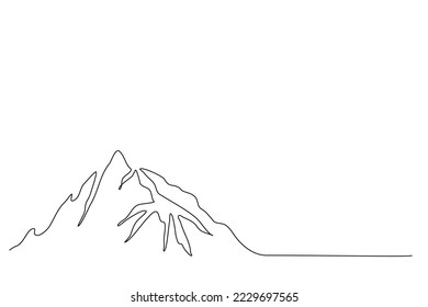 Continuous one line drawing of mountain landscape. High mounts peak lineart drawing vector design. Adventure, winter sports, hiking and tourism concept. Simple line mountain range landscape design.
