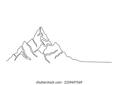 Continuous one line drawing of mountain landscape. High mounts peak lineart drawing vector design. Adventure, winter sports, hiking and tourism concept. Simple line mountain range landscape design.