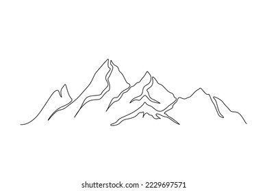 Dibujo continuo de una línea de paisaje montañoso. Diseño paisajístico de cordillera simple. Diseño vectorial de dibujo lineal de pico de alta montura. Aventura, deportes de invierno, senderismo y turismo. 