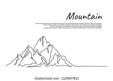 Dibujo continuo de una línea de paisaje montañoso. Diseño vectorial de dibujo lineal de pico de alta montura. Aventura, deportes de invierno, senderismo y turismo. 