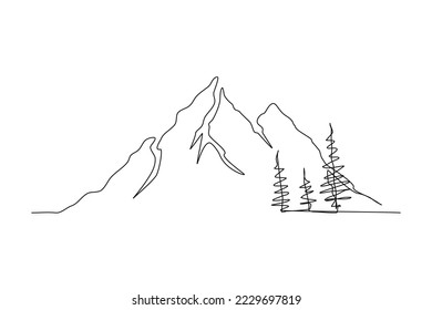 Continuous one line drawing of mountain landscape. High mounts peak lineart drawing vector design. Adventure, winter sports, hiking and tourism concept. Simple line mountain range landscape design.