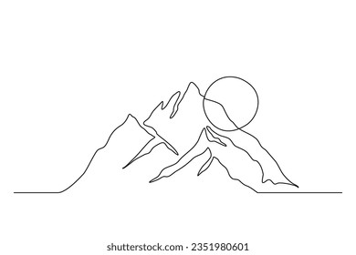 Continuous one line drawing of mountain landscape. High mounts with sun lineart drawing vector design. Editable stroke.