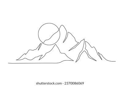 Continuous one line drawing of mountain landscape with sunrise. High mounts peak lineart drawing vector design. Adventure, winter sports, hiking and tourism concept. 