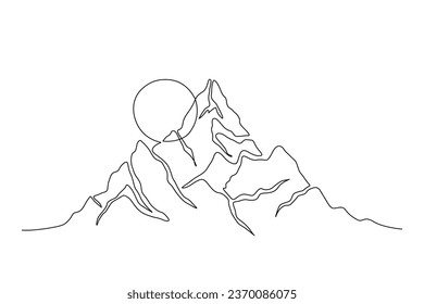 Continuous one line drawing of mountain landscape with sunrise. High mounts peak lineart drawing vector design. Adventure, winter sports, hiking and tourism concept. 