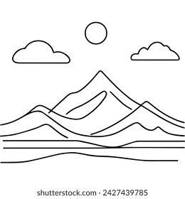 Continuous one line drawing of mountain landscape with sunrise. High mounts peak lineart drawing vector design. Adventure, winter sports, hiking and tourism concept.