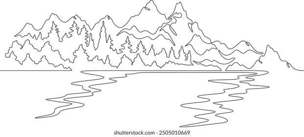 Continuous one line drawing mountain river against the background of hills and mountains. Forest on the river bank. Mountain landscape.One continuous line isolated minimal illustration.