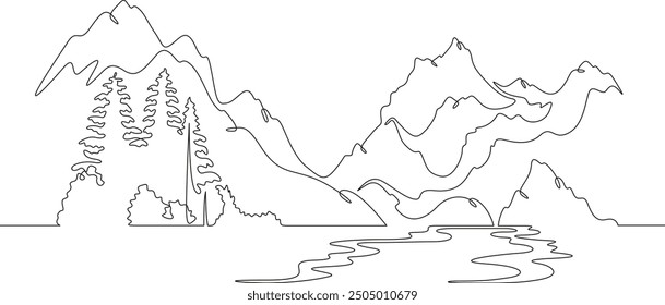 Continuous one line drawing mountain river against the background of hills and mountains. Forest on the river bank. Mountain landscape.One continuous line isolated minimal illustration.