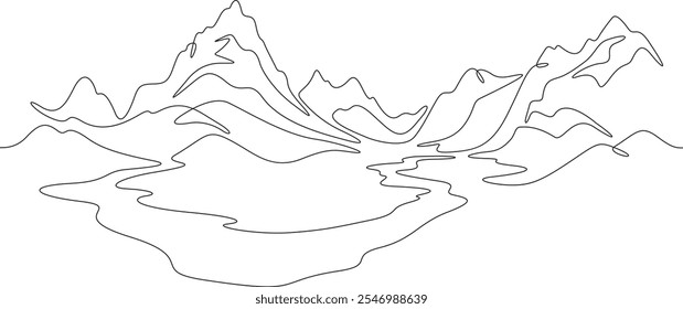 Uma linha contínua desenhando paisagem de montanha. Panorama de montanhas altas e rio de montanha. Natureza.  Uma linha contínua isolada ilustração mínima.Não AI.