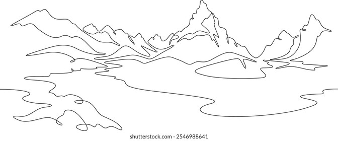 Uma linha contínua desenhando paisagem de montanha. Panorama de montanhas altas e rio de montanha. Natureza.  Uma linha contínua isolada ilustração mínima.Não AI.