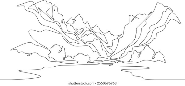 Kontinuierliche einzeilige Zeichnung der Berglandschaft. Panorama der hohen Berge und Gebirgsfluss. Natur.  Eine durchgehende Linie isoliert minimale Illustration.Nicht AI.