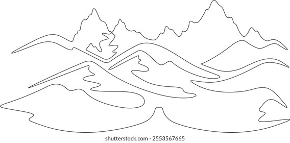 Continuous one line drawing Mountain landscape. Minimalistic view of high mountains. Beautiful scenery .One continuous line isolated minimal illustration.Not AI.