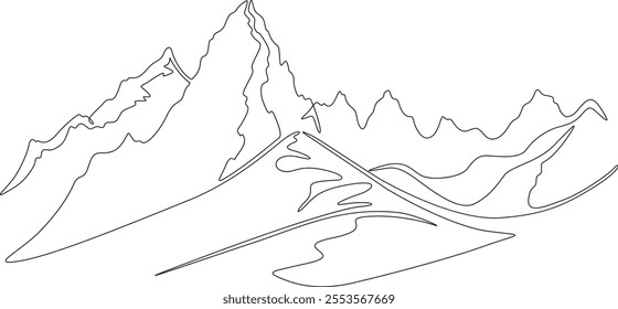 Continuous one line drawing Mountain landscape. Minimalistic view of high mountains. Beautiful scenery .One continuous line isolated minimal illustration.Not AI.