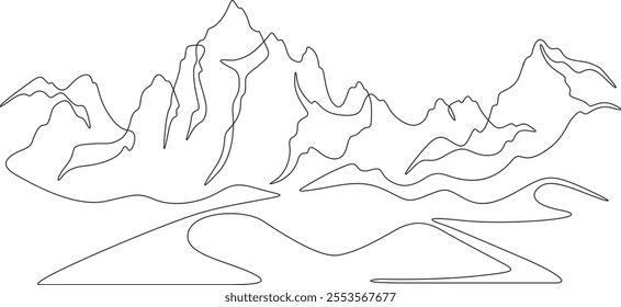 Continuous one line drawing Mountain landscape. Minimalistic view of high mountains. Beautiful scenery .One continuous line isolated minimal illustration.Not AI.
