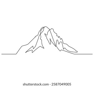 Continuous one line drawing of Mountain. Single line drawing illustration of Mountain from range view. Environmental greening concept vector art. Doodle line illustration.
