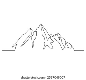 Continuous one line drawing of Mountain. Single line drawing illustration of Mountain from range view. Environmental greening concept vector art. Doodle line illustration.
