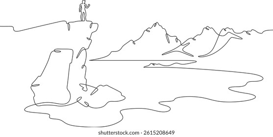 Continuous one line drawing  mountain lake.Man on a rock.Mountain landscape.Tourist on the lake.
One continuous line isolated minimal illustration.Not AI.