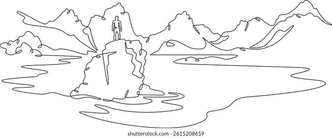 Continuous one line drawing  mountain lake.Man on a rock.Mountain landscape.Tourist on the lake.
One continuous line isolated minimal illustration.Not AI.